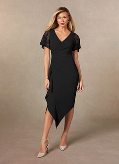 Azazie Eloise Mother of the Bride Dresses Black Sheath Pleated Stretch Crepe Dress image4