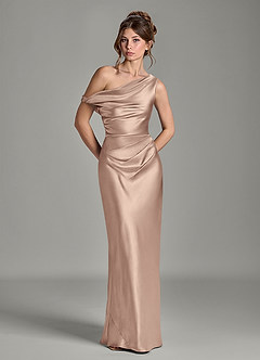 Azazie Emerson Jurken voor bruidsmeisjes Jurk van Metaalachtig Satijn met Zeemeermin Off-shoulder Taupe image9