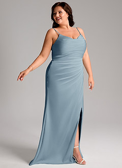 Azazie Deandra Bridesmaid Dresses Dusty Blue Mermaid Pleated Stretch Satin Dress image11