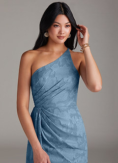 Azazie Mika Bridesmaid Dresses Steel Blue Sheath One Shoulder Floral Burnout Dress image5
