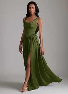Azazie Novi Bridesmaid Dresses Bright Olive A-Line with Pockets Stretch Satin Dress image6