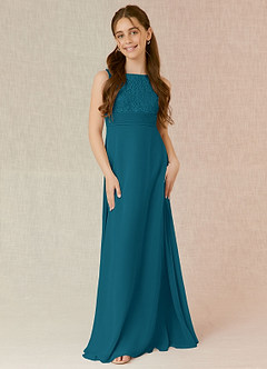 Azazie Snow Junior Linia A Koronka Szyfon Długość podłogi Młodsza druhna Sukienka image4