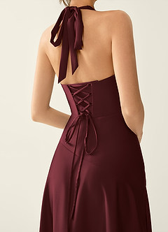 Titania Wine Satin V-neck Ruffled Prom Dress image5
