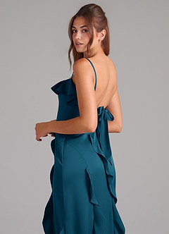 Azazie Malia Bridesmaid Dresses Ink Blue A-Line Side Slit Stretch Satin Dress image2