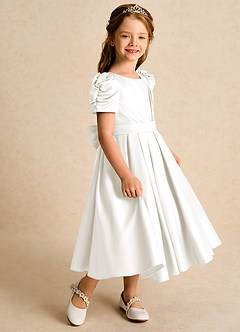 Azazie Miriam Flower Girl Dresses Ivory Ball-Gown Pleated Matte Satin Dress image6