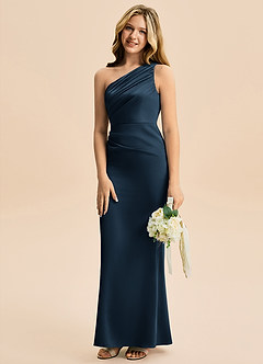 Azazie Akilah Junior Dark Navy Sheath Pleated Stretch Satin Dress image5