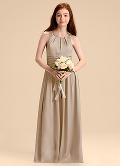 Azazie Bibiane Junior Taupe A-Line Pleated Stretch Satin Dress image4