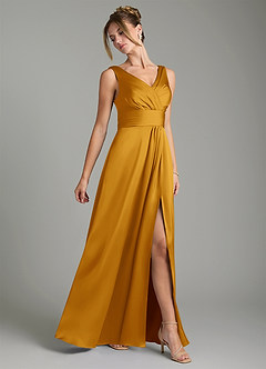 Azazie Karina Robes de demoiselle d'honneur Robe Trapèze en Satin extensible Plissée Caramel écossais image4