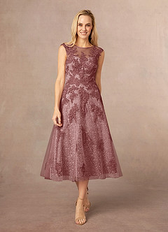 Azazie Flynn Mother of the Bride Dresses Desert Rose A-Line Boatneck Lace Tulle Dress image1