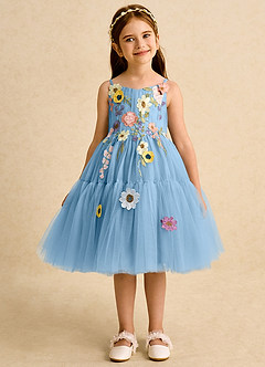 Azazie Osea Flower Girl Dresses Steel Blue Ball-Gown Pleated Tulle Dress image7