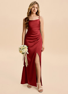 Azazie Minnie Junior Pomegranate Sheath Ruched Stretch Satin Dress image1