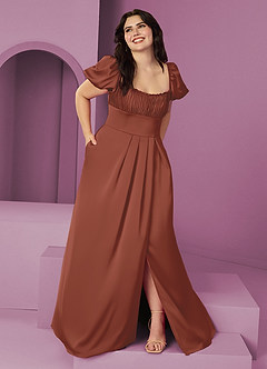 Barbie ♥ Azazie Bridesmaid Dresses Auburn A-Line Ruched Stretch Satin Dress image7