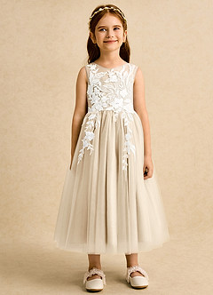 Azazie Sundae Robe Demoiselle D'honneur Fillette Robe Princesse en Dentelle Champagne image7