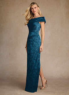 Azazie Kenosha Mother of the Bride Dresses Navy Black Sheath Off the Shoulder Floral Jacquard Dress image4