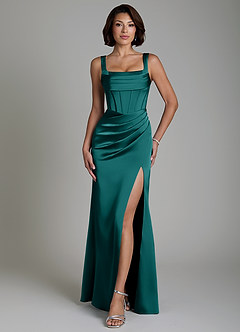 Azazie Amora Bridesmaid Dresses Peacock Mermaid Corset Stretch Satin Dress image1