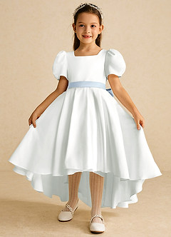 Azazie Zippy Flower Girl Dresses Ivory Mist A-Line with Sleeves Matte Satin Dress image2