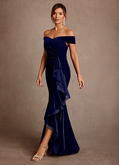 Azazie Billings vestidos de madre de la novia Vestido de Azul Marino Oscuro de terciopelo de Corte Sirena con Vestidos sin tirantes image2