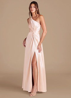 Azazie Brooke Bridesmaid Dresses Rose Gold A-Line One Shoulder Metallic Satin Dress image4