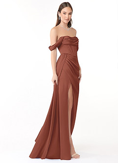 Azazie Amyra Bridesmaid Dresses Auburn Sheath Off the Shoulder Stretch Satin Convertible Dress image4