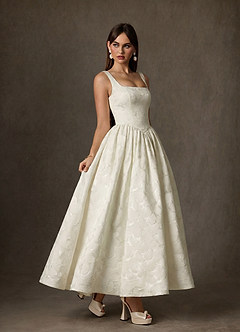 Azazie Verina Wedding Dresses Cream A-Line with Pockets Floral Jacquard Dress image1