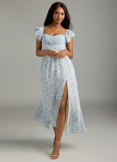 Azazie Anaya Bridesmaid Dresses Blue And White Ditsy Floral A-Line Pleated Chiffon Dress image4