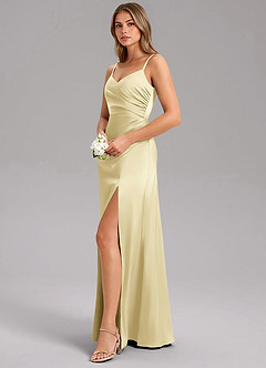 Azazie Azuree Bridesmaid Dresses Lemon Sorbet A-Line Pleated Stretch Satin Dress image4