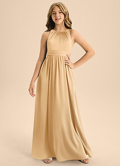Azazie Jaylah Junior Gold A-Line Pleated Stretch Satin Dress image1