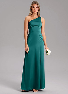 Azazie Feby Bridesmaid Dresses Peacock A-Line One Shoulder Stretch Satin Dress image7