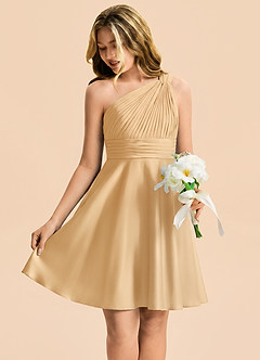 Azazie Charlize Junior A-Linie Plissee Stretch-Satin Kleid Gold image6