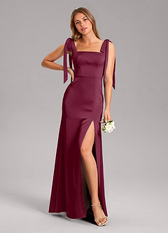 Azazie Frostine Brautjungfernkleider A-Linie Schleifen Stretch-Satin Kleid Maulbeerrot image1