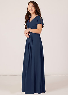 Azazie Peony Junior Dark Navy A-Line Pleated Chiffon Dress image3