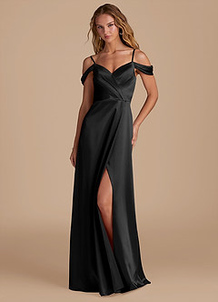 Azazie Ocean Bridesmaid Dresses Black A-Line Off the Shoulder Metallic Satin Dress image3