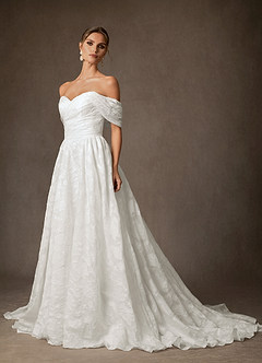 Azazie Carmine Wedding Dresses Diamond White A-Line Off the Shoulder Floral Jacquard Dress image3