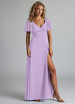 Azazie Induh Robes de demoiselle d'honneur Robe Trapèze en Maille Col en V à volants Lilas image3