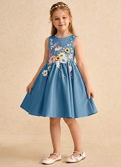 Azazie Prima Flower Girl Dresses Steel Blue A-Line Bow Matte Satin Dress image4