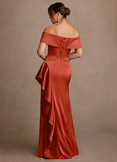 Azazie Kirsty Mother of the Bride Dresses Rust Sheath Off the Shoulder Stretch Satin Dress image2