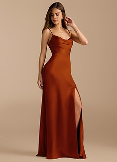 Azazie Erma At-home Try On Dresses Bronzer A-Line Side Slit Metallic Satin Dress image3