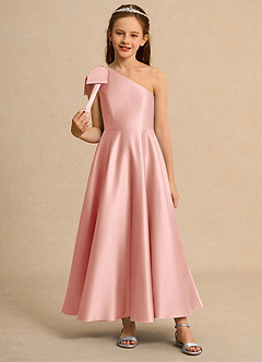 Azazie Guppy Junior Formal vestidos de niña de las flores Vestido de Rosetón de Satin Mate de Corte En A con Hombro unilateral image3