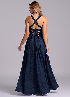 Azazie Francis Bridesmaid Dresses Dark Navy A-Line Corset Floral Burnout Dress image6