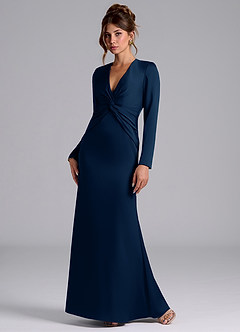 Azazie Valerie Vestidos de damas de honor Vestido de Azul Marino Oscuro de Satén Elástico de Corte Sirena con Manga larga image3
