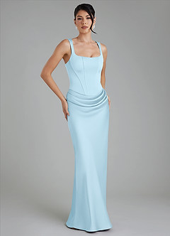 Azazie Etta Robes de demoiselle d'honneur Robe Sirène en Satin extensible Corset Bleu Ciel image4