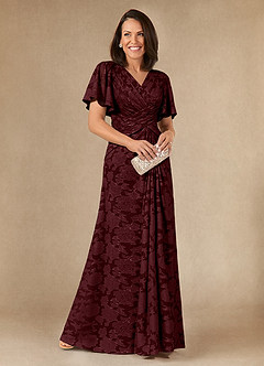 Azazie Emmeline Mother of the Bride Dresses Cabernet A-Line Pleated Floral Burnout Dress image1