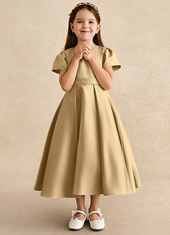 Azazie Princess Flower Girl Dresses Gold A-Line Pleated Matte Satin Dress image4