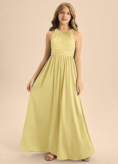 Azazie Jaylah Junior Robe Trapèze en Satin extensible Plissée Sorbet Citron image4