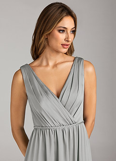 Azazie Tanicia Bridesmaid Dresses Silver A-Line Pleated Stretch Satin Dress image6