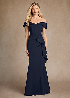 Azazie Laredo Mother of the Bride Dresses Dark Navy Mermaid Off the Shoulder Stretch Crepe Dress image1