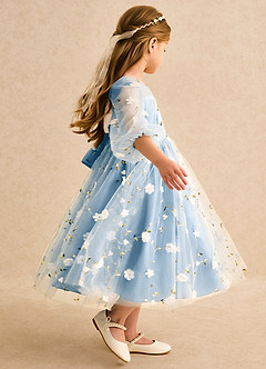Azazie Elowen vestidos de niña de las flores Vestido Azul Acero de Encaje de Línea A con Escote corazón image6