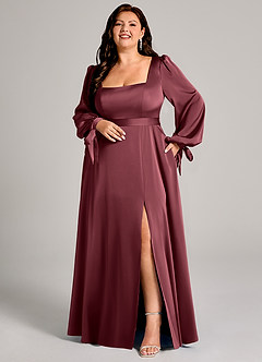 Azazie Leonia Bridesmaid Dresses Merlot A-Line Long Sleeve Stretch Satin Dress image8