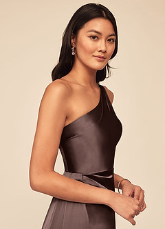 Azazie Maron At-home Try On Dresses Bermuda A-Line One Shoulder Stretch Satin Dress image5