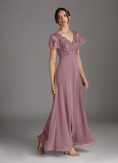 Azazie Singer Mother of the Bride Dresses Dusty Rose A-Line V-Neck Lace Chiffon Dress image3